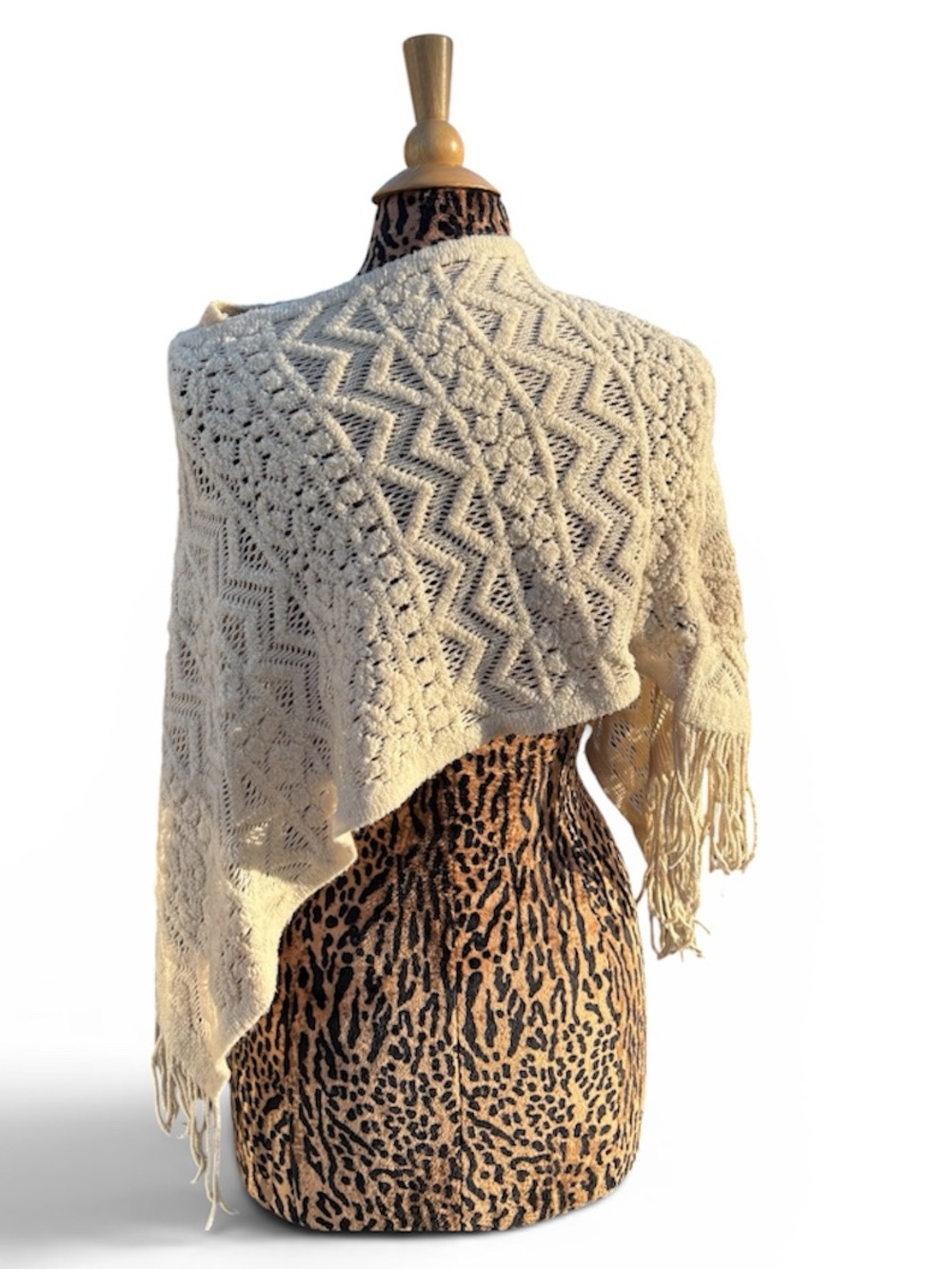 Cream Crochet Fringe Poncho Shawl